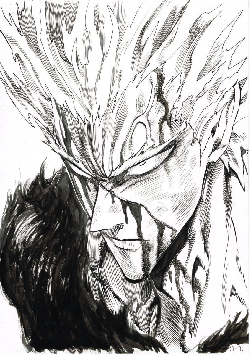 absurdres anger_vein blood closed_mouth commentary_request garou_(one-punch_man) greyscale highres male_focus monochrome murata_yuusuke official_art one-punch_man page_number scar serious solo veins