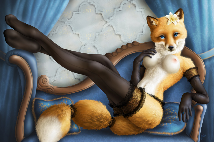2018 4_fingers absurd_res anthro armwear black_nose blue_eyes bottomless breasts canine clothed clothing detailed_background digital_drawing_(artwork) digital_media_(artwork) eyelashes eyeshadow female fluffy fluffy_tail fox fur gloves hand_on_breast hi_res huge_filesize legs_up legwear lingerie liska looking_at_viewer lying makeup mammal navel nipples pinup plantigrade pose red_fox seductive smile solo source_request stockings the-urocyon thigh_highs topless yellow_fur