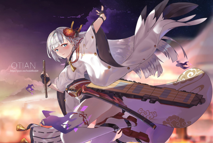 aiguillette aircraft airplane arm_above_head artist_name ass azur_lane bangs black_gloves blue_eyes blunt_bangs blush breasts closed_mouth cloud commentary covered_nipples evening flight_deck floating floating_hair gloves hair_ornament highres holding japanese_clothes jumping katana kimono large_breasts lm520lm520 long_hair looking_at_viewer mole mole_under_eye obi outstretched_arm partly_fingerless_gloves rigging rudder_shoes sash sheath sheathed shoukaku_(azur_lane) sidelocks silver_hair smile solo sword tassel thighhighs thighs very_long_hair weapon wide_sleeves wind wind_lift