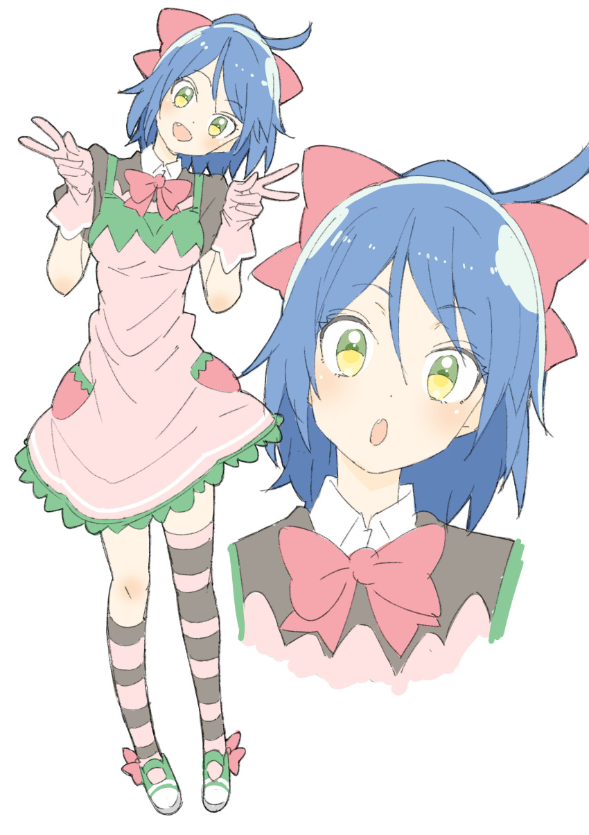 :d :o absurdres ahoge asymmetrical_legwear bangs blue_hair blush bow bowtie collared_shirt donguri_suzume double_v dress eyebrows_visible_through_hair fang gloves green_eyes green_footwear hair_bow hands_up head_tilt highres multicolored multicolored_eyes multiple_views open_mouth original pink_gloves red_bow red_neckwear shirt shoe_bow shoes simple_background smile striped striped_legwear v white_background wing_collar yellow_eyes