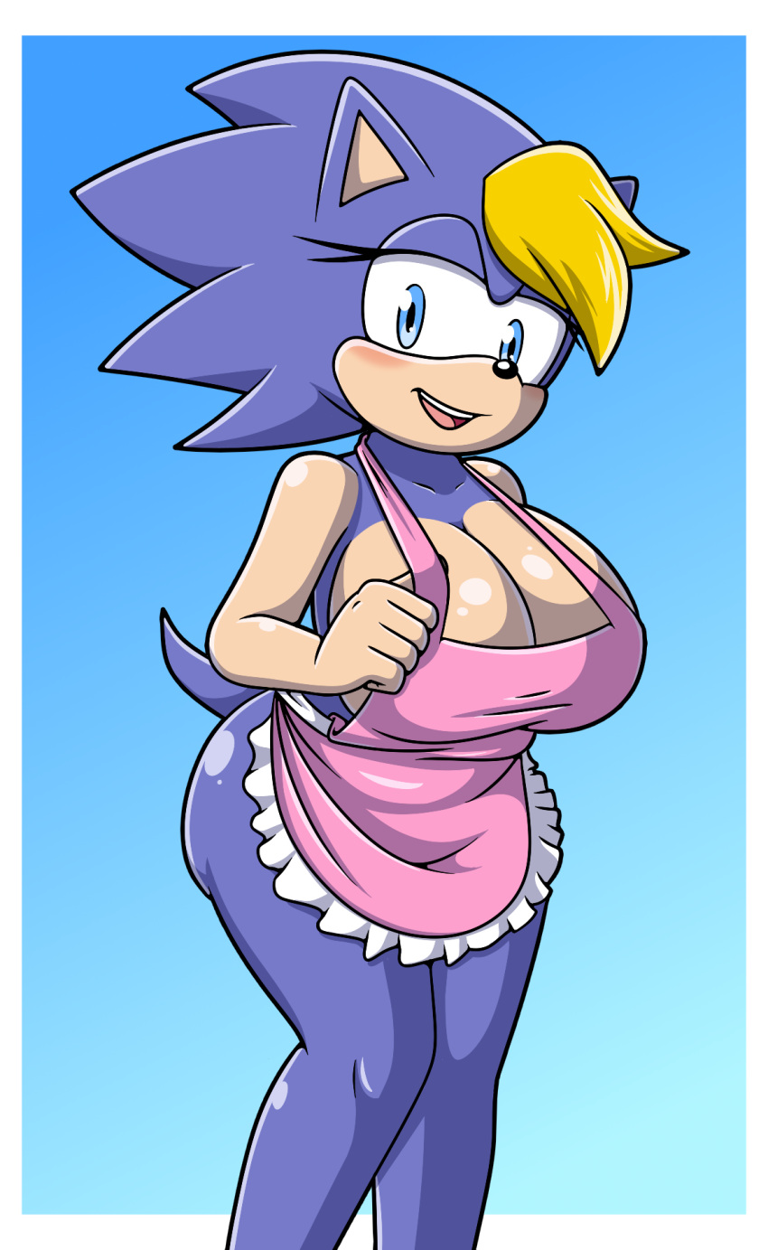 2024 anthro apron apron_only archie_comics bernadette_hedgehog big_breasts blonde_hair blue_eyes blush breasts butt cleavage clothed clothing eulipotyphlan eyelashes female hair hedgehog hi_res huge_breasts looking_at_viewer mammal open_mouth open_smile sega smile solo sonic_the_hedgehog_(archie) sonic_the_hedgehog_(comics) sonic_the_hedgehog_(series) sonicguru tail wide_hips