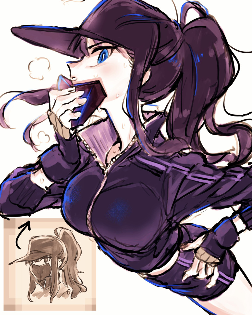 1girl baseball_cap black_gloves black_hair blue_eyes breasts chaco_(eisu) eisu_(eith) fingerless_gloves gloves hat highres jacket large_breasts long_hair mask mouth_mask original ponytail sepia shorts sidelocks simple_background steam steaming_body sweat track_jacket white_background