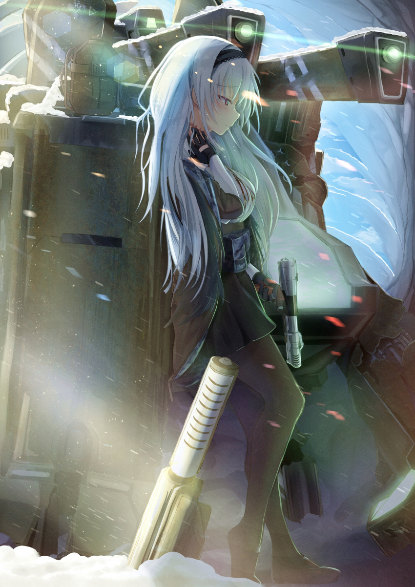 absurdres ammunition_pouch bangs black_footwear black_gloves black_hairband black_jacket black_legwear black_skirt closed_mouth collared_shirt commentary english_commentary eyebrows_visible_through_hair floating_hair from_side full_body girls_frontline gloves gun hairband half-closed_eyes hand_on_own_neck handgun highres holding holding_gun holding_weapon jacket long_hair long_sleeves looking_down machinery neck_ribbon neck_scar neck_stitches nine_inch_nails pantyhose pistol pouch red_eyes red_ribbon ribbon scar septet_(zrca_janne) shirt shoes sidelocks silver_hair skirt snow snowing solo standing thunder_(girls_frontline) trigger_discipline triple_action_thunder very_long_hair weapon white_shirt wind wind_lift