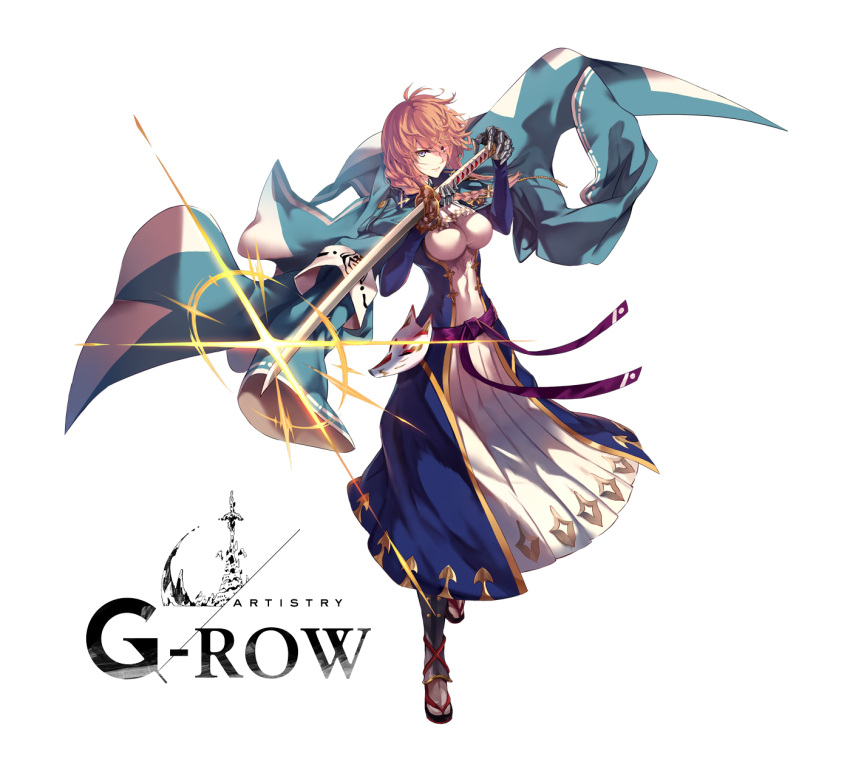 1girl ascot blue_haori braid breasts brown_hair celis_(dare_ga_tame_no_alchemist) closed_mouth commentary_request copyright_name covered_navel dare_ga_tame_no_alchemist full_body gauntlets hair_over_shoulder haori highres holding holding_sword holding_weapon japanese_clothes katana looking_at_viewer official_art rinzo second-party_source simple_background standing sword weapon white_ascot white_background wide_sleeves