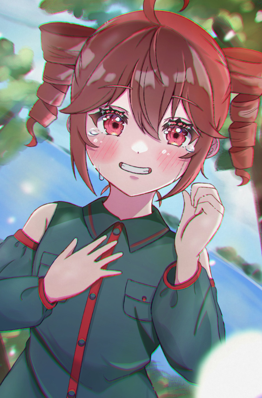 1girl absurdres ahoge bare_shoulders black_sleeves blue_sky blush buttons cable cloud coko_mtd collared_shirt crying crying_with_eyes_open detached_sleeves double-parted_bangs drill_hair flat_chest grin hair_between_eyes hand_on_own_chest hand_up happy_tears highres kasane_teto leaf outdoors pocket red_eyes red_hair red_trim shirt sky sleeveless sleeveless_shirt smile solo tears tree twin_drills upper_body utau wing_collar