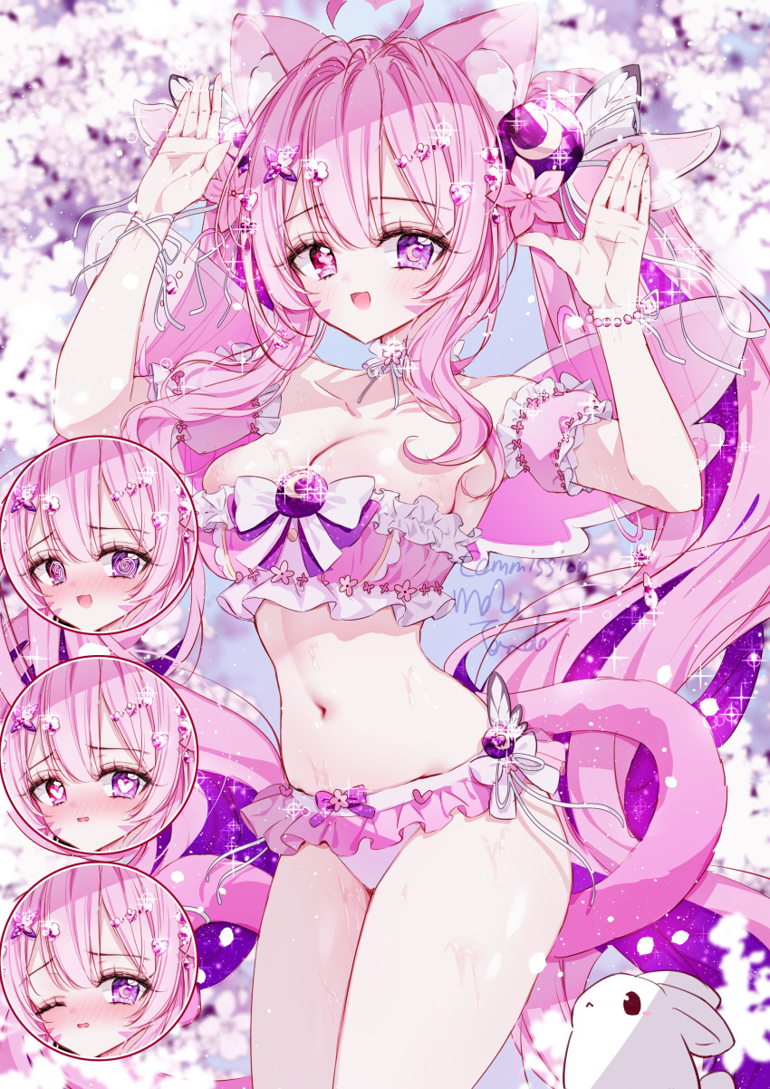 1girl :d @_@ absurdres animal_ear_fluff animal_ears arms_up bare_shoulders bikini blush breasts cat_ears cat_girl cat_tail cleavage commentary_request crescent-shaped_pupils detached_sleeves expressions facial_mark frilled_bikini frills heart heart-shaped_pupils heterochromia highres large_breasts long_hair looking_at_viewer multiple_views one_eye_closed original parted_lips pink_bikini pink_hair pink_sleeves puffy_short_sleeves puffy_sleeves short_sleeves smile swimsuit symbol-shaped_pupils tail tandohark twintails very_long_hair whisker_markings white_bikini