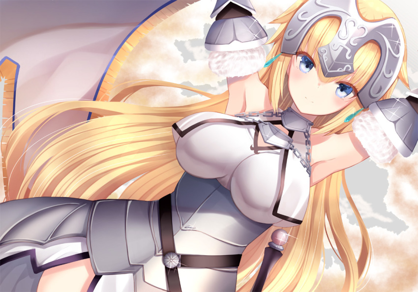 armor armored_dress arms_up bangs blonde_hair blue_eyes blush breasts closed_mouth commentary_request dress dutch_angle eyebrows_visible_through_hair fate/apocrypha fate/grand_order fate_(series) fur_trim hair_between_eyes headpiece jeanne_d'arc_(fate) jeanne_d'arc_(fate)_(all) large_breasts long_hair looking_at_viewer lying on_back solo v-shaped_eyebrows very_long_hair white_dress yuzu-aki