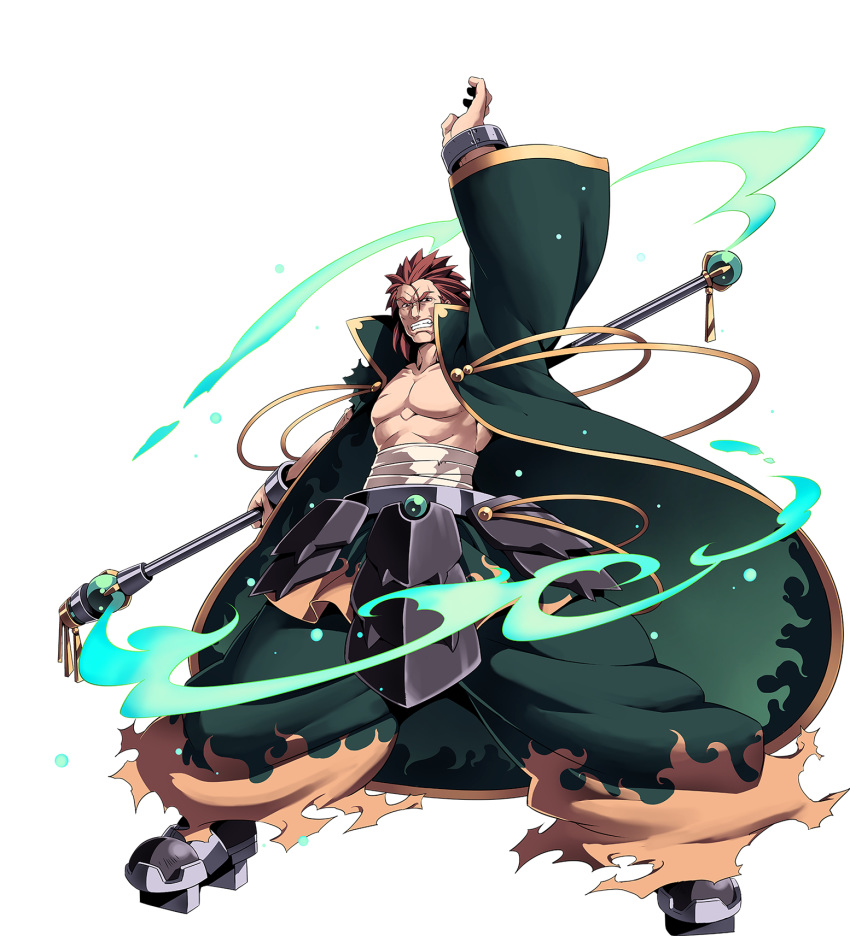 &gt;:| abs arm_up boots brown_eyes brown_hair full_body hair_between_eyes highres legs_apart looking_at_viewer male_focus official_art robert_(sennen_sensou_aigis) scar sennen_sensou_aigis spiked_hair staff standing tasaka_shinnosuke thick_eyebrows transparent_background