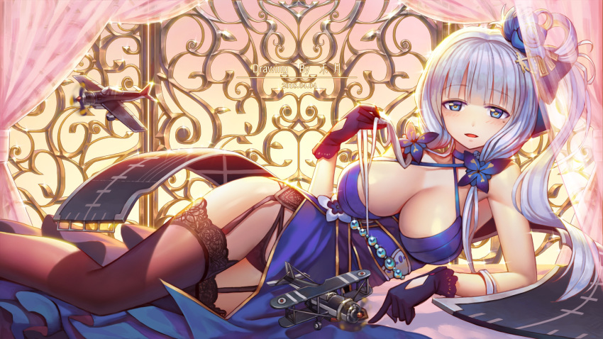 :d arm_support artist_name azur_lane backlighting bangs bare_shoulders black_gloves blue_dress blue_eyes blue_flower blue_rose blunt_bangs blush breasts brown_legwear cleavage criss-cross_halter curtains dated dress evening eyebrows_visible_through_hair feet_out_of_frame flight_deck flower garter_belt glint gloves gold_trim gradient_sky hair_flower hair_ornament hair_rings halterneck highres holding holding_hair illustrious_(azur_lane) large_breasts long_hair looking_at_viewer lying mole mole_under_eye motion_blur on_side open_mouth panties pantyshot pantyshot_(lying) pearl pelvic_curtain pointing propeller rose side_ponytail sidelocks silver_hair sky smile solo sunlight thighhighs thighs toy_airplane transparent ttheyue underwear upskirt very_long_hair window