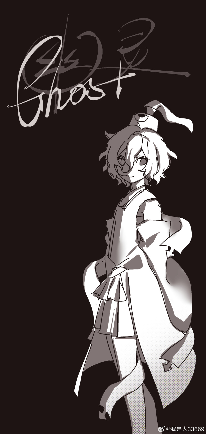 1other absurdres androgynous bare_legs bare_shoulders black_background chinese_commentary closed_mouth commentary_request cover cover_page detached_sleeves doujin_cover english_text eye_of_senri feet_out_of_frame greyscale hair_between_eyes hakama hakama_short_skirt hakama_skirt hat hat_ribbon highres japanese_clothes kariginu kimono len'en long_sleeves messy_hair monochrome ofuda ofuda_on_clothes other_focus ribbon senri_tsurubami short_hair short_kimono simple_background skirt sleeveless sleeveless_kimono sleeves_past_fingers sleeves_past_wrists smile solo standing tate_eboshi title weibo_watermark wide_sleeves xiao_ganju_nailuo