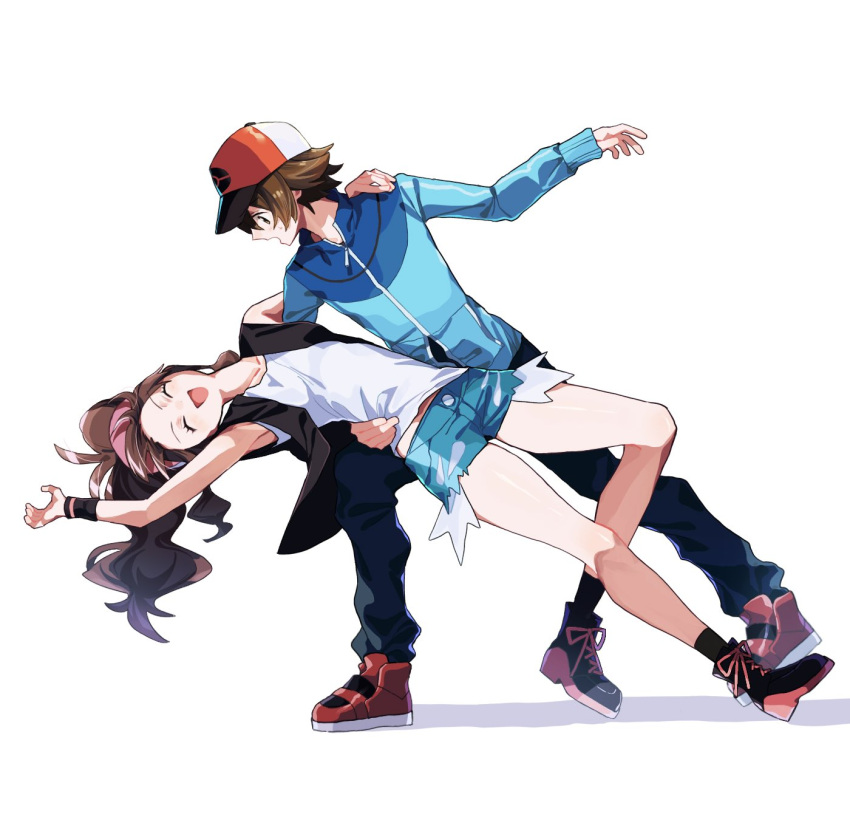 1boy 1girl a_164a84 baseball_cap black_pants black_vest blue_jacket blue_shorts brown_eyes brown_hair closed_eyes dancing denim denim_shorts full_body hat high_ponytail highres hilbert_(pokemon) hilda_(pokemon) jacket long_hair pants pink_hat pokemon pokemon_bw red_hat shirt short_hair short_shorts shorts simple_background vest white_background white_shirt
