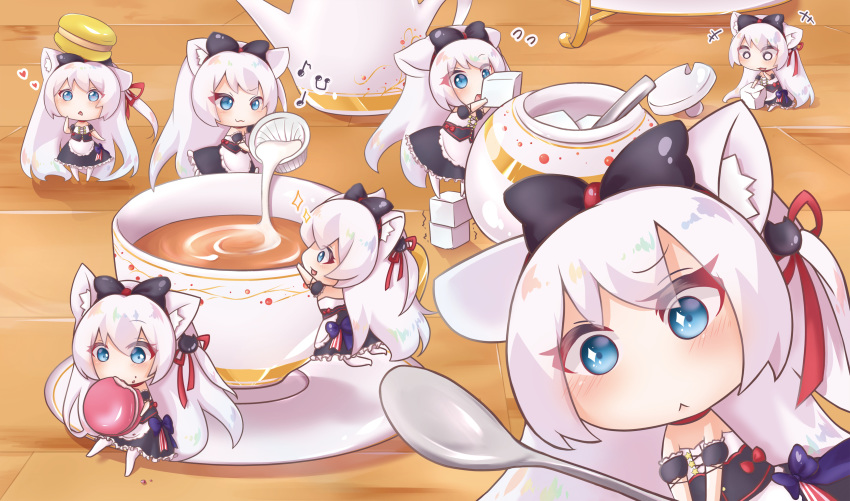 6+girls :&lt; :3 absurdres american_flag american_flag_print animal_ears azur_lane balancing black_bow blue_eyes bow cat_hair_ornament chibi clone creamer_packet cup drooling eating eyebrows_visible_through_hair eyes_visible_through_hair flag_print flying_sweatdrops food food_on_face food_on_head hair_bow hair_ornament hair_ribbon hammann_(azur_lane) heart heart-shaped_pupils highres indoors long_hair looking_at_viewer macaron minigirl multiple_girls musical_note nut_megu object_on_head on_head on_table open_mouth pantyhose pouring remodel_(azur_lane) ribbon saucer sitting sparkle sparkling_eyes spoon sugar_bowl sugar_cube symbol-shaped_pupils table teacup teapot triangle_mouth white_hair white_legwear