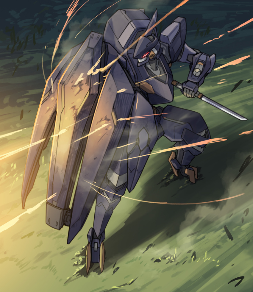 copyright_request firing glowing glowing_eyes highres katana mecha red_eyes robot science_fiction shield solo standing sword tagme weapon zen_(jirakun)