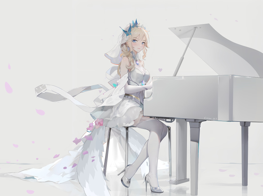 1girl absurdres alternate_costume bare_shoulders blonde_hair blue_butterfly blue_eyes breasts bridal_veil bug butterfly butterfly_hair_ornament closed_mouth commentary_request curly_hair dot_nose double-parted_bangs dress elbow_gloves expressionless forehead full_body gem gloves hair_ornament heart high_heels highres instrument jzby knees_together_feet_apart league_of_legends legs long_dress looking_at_viewer lux_(league_of_legends) petals piano pink_petals shadow simple_background sitting sleeveless sleeveless_dress solo sparkle stiletto_heels thighhighs veil wedding_dress white_background white_dress white_footwear white_gloves white_theme white_thighhighs