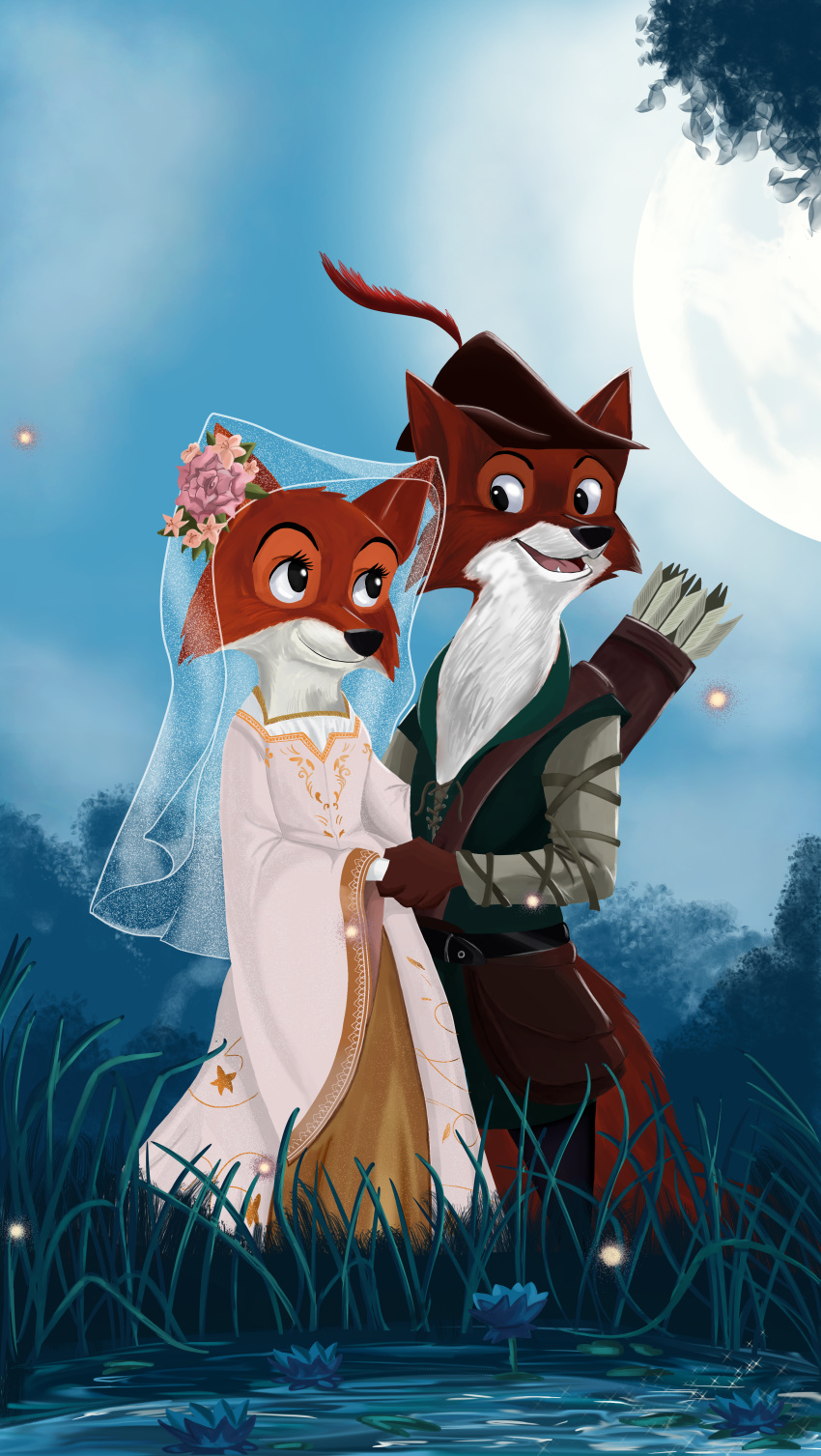 2018 anthro canine clothing disney female fox fur hat hi_res maid_marian male mammal quirky-middle-child robin_hood robin_hood_(disney) simple_background