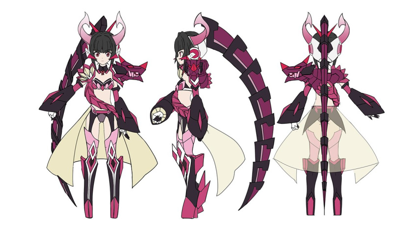 alternate_costume armor artist_request ass ass_visible_through_thighs bangs bikini_armor black_bikini_top black_footwear black_hair blunt_bangs boots character_sheet commentary_request detached_collar dragon_girl dragon_horns dragon_ornament expressionless eyebrows_visible_through_hair fake_horns flat_chest from_behind from_side garter_straps gauntlets gloves grey_bikini_bottom headphones horns looking_at_viewer multicolored_footwear multiple_views official_art pink_eyes pink_footwear pink_legwear platform_boots profile senki_zesshou_symphogear senki_zesshou_symphogear_xd_unlimited shoulder_armor showgirl_skirt simple_background skirt standing symphogear_pendant thigh_boots thighhighs tsukuyomi_shirabe white_background white_gloves yellow_skirt