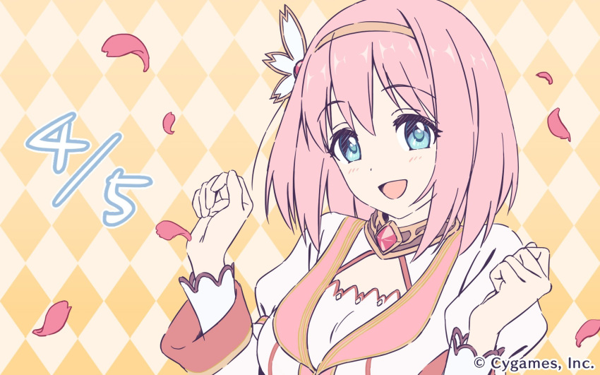 :d argyle argyle_background blue_eyes blush company_name hairband highres juliet_sleeves kusano_yui long_sleeves looking_at_viewer official_art open_mouth orange_background petals pink_hair princess_connect! princess_connect!_re:dive puffy_sleeves short_hair smile solo upper_body