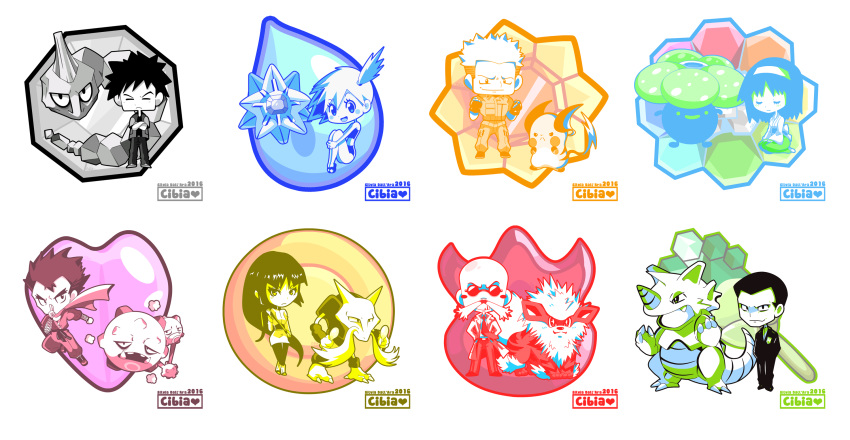 3boys 5girls alakazam arcanine badge bald bangs bikini blunt_bangs boulder_badge cascade_badge cibia closed_eyes commentary creature crossed_arms earth_badge english_commentary erika_(pokemon) facial_hair gen_1_pokemon gym_leader gym_leader_badge highres holding holding_spoon japanese_clothes kasumi_(pokemon) katsura_(pokemon) kimono kyou_(pokemon) long_hair long_sleeves marsh_badge matis_(pokemon) medium_hair multiple_boys multiple_girls multiple_monochrome mustache natsume_(pokemon) onix outline pokemon pokemon_(creature) pokemon_(game) pokemon_frlg ponytail raichu rainbow_badge rhydon sakaki_(pokemon) seiza signature sitting soul_badge spiked_hair spoon standing starmie sunglasses swimsuit takeshi_(pokemon) thunder_badge tied_hair transparent_background vileplume volcano_badge weezing white_outline