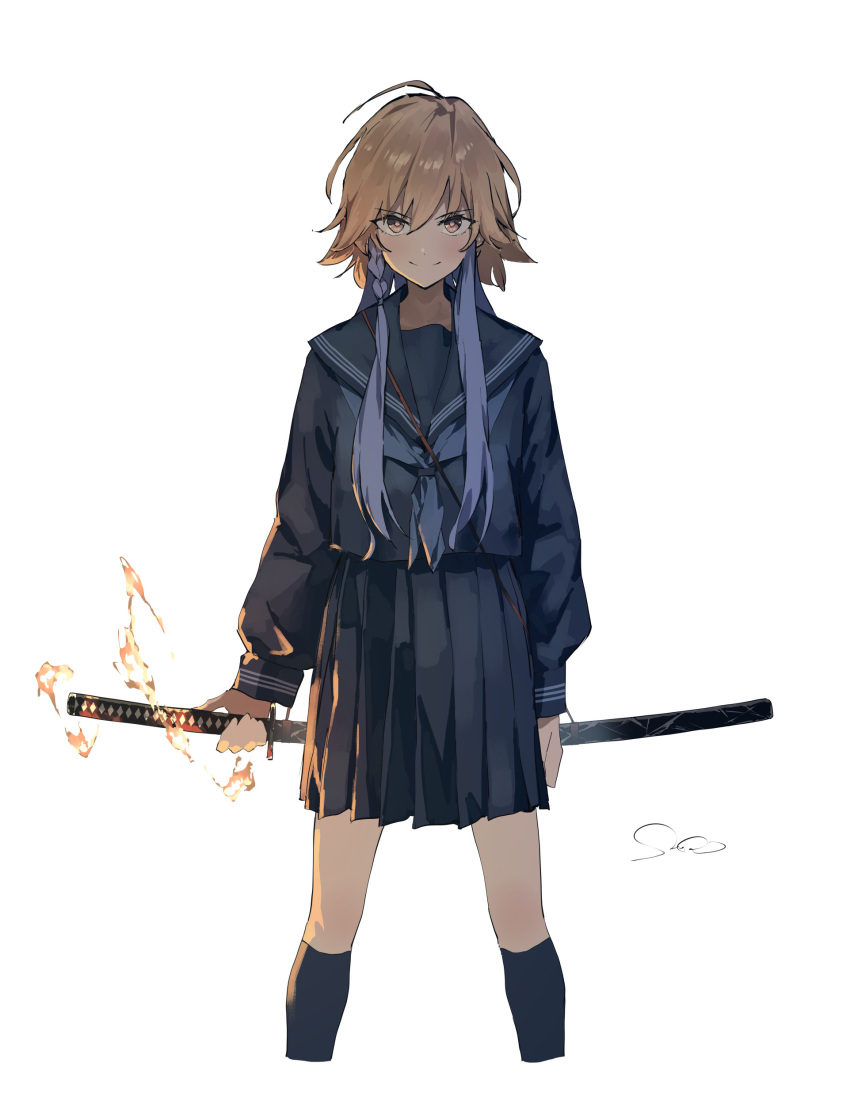 1girl absurdres ahoge alternate_costume alternate_hair_color arms_at_sides artist_name black_serafuku black_socks blue_hair blue_neckerchief blush braid closed_mouth commentary_request cowboy_shot fire hair_between_eyes highres holding holding_sword holding_weapon idolmaster idolmaster_cinderella_girls katana kneehighs light_blush long_bangs long_hair looking_at_viewer multicolored_clothes multicolored_hair neckerchief ninomiya_asuka orange_hair pink_eyes sanpo_(sanpo_1027) scabbard school_uniform serafuku sheath side_braid sidelocks signature simple_background smile socks solo split_mouth standing straight-on sword sword_on_back two-tone_hair weapon weapon_on_back white_background