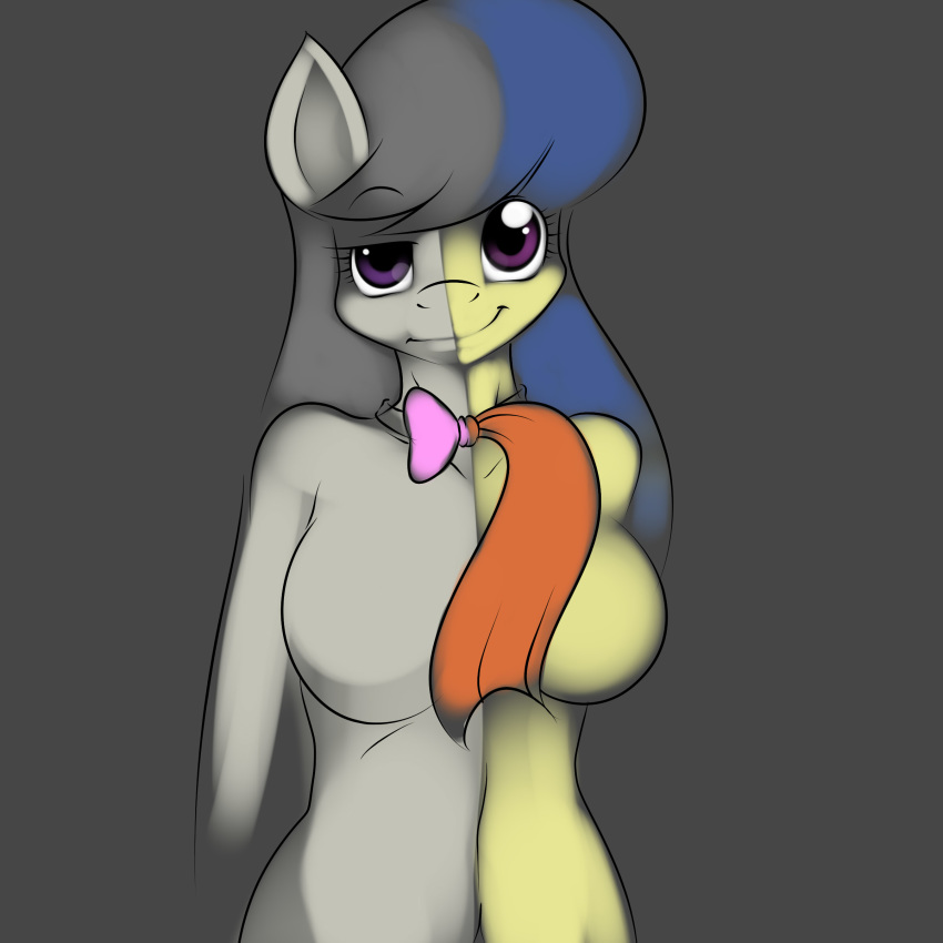 2013 anthro anthrofied black_hair blue_hair bow_tie breasts digital_media_(artwork) earth_pony equine female fiddlesticks_(mlp) friendship_is_magic fusion hair hi_res horse kloudmutt mammal my_little_pony navel octavia_(mlp) pony purple_eyes split_image split_personality