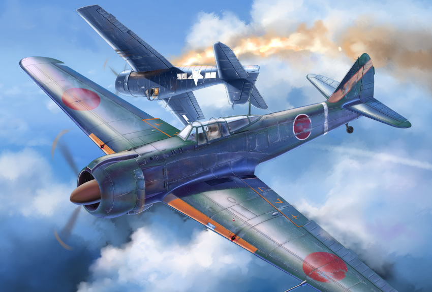 absurdres aerial_battle aircraft airplane battle blue_sky burning cloud cloudy_sky commentary day dogfight english_commentary f6f_hellcat fire flame flying graphite_(medium) highres imperial_japanese_army ki-100 looking_to_the_side male_focus mast military motion_blur multiple_boys original pilot pilot_helmet propeller roundel shot_down sky traditional_media us_navy wheel world_war_ii zuotian_de_yu