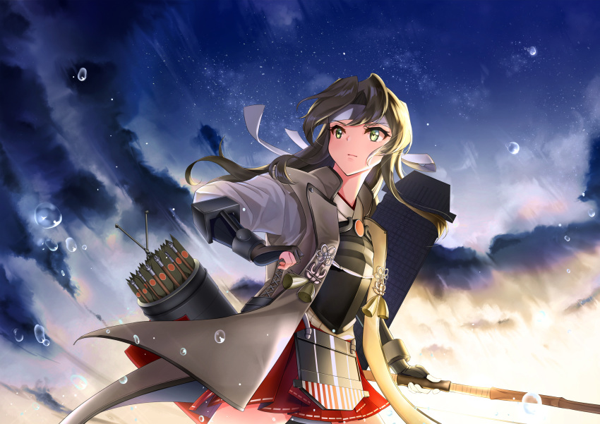 absurdres bow_(weapon) breastplate commentary_request flight_deck gloves green_hair hair_down headband highres holding holding_bow_(weapon) holding_weapon japanese_clothes jinbaori kantai_collection long_hair muneate night night_sky partly_fingerless_gloves quiver remodel_(kantai_collection) sakurahuji-iro sky solo star_(sky) starry_sky weapon yugake zuikaku_(kantai_collection)