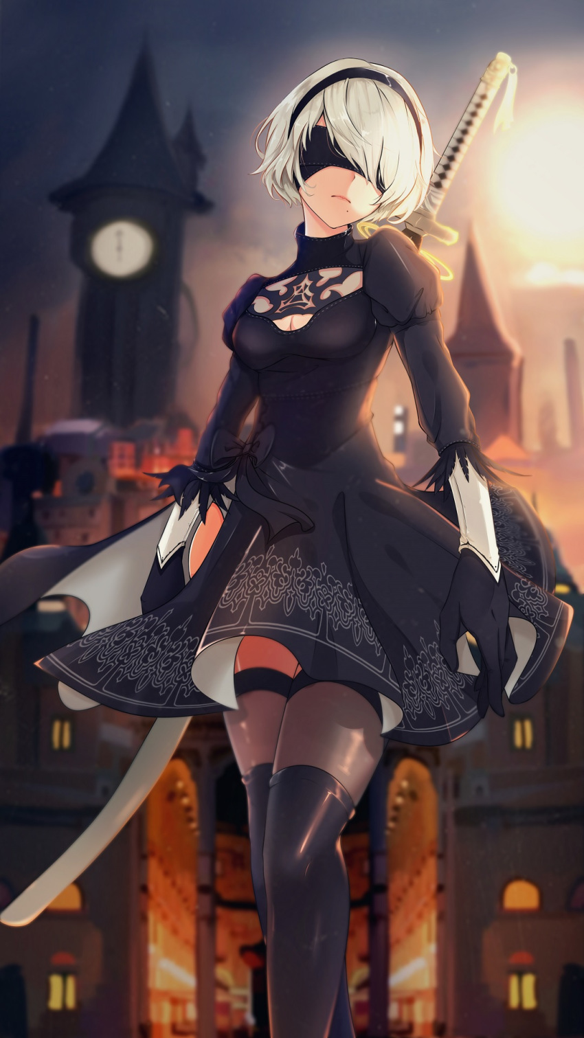 black_blindfold black_dress black_gloves black_hairband black_legwear blindfold blurry blurry_background boots bow breasts cityscape cleavage cleavage_cutout clock clock_tower commentary_request covered_eyes dress facing_viewer feather-trimmed_sleeves feather_trim feet_out_of_frame gloves guanghe_zuoyong_de_de_yezi hairband head_tilt highres juliet_sleeves katana long_sleeves medium_breasts mole mole_under_mouth nier_(series) nier_automata outdoors over_shoulder puffy_sleeves short_hair side_slit solo standing sword sword_over_shoulder tassel thigh_boots thighhighs thighhighs_under_boots thighs tower tsuka-ito tsuka_(handle) weapon weapon_over_shoulder white_hair yorha_no._2_type_b zettai_ryouiki