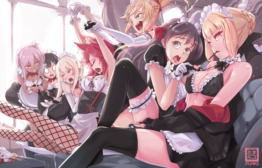 :o alternate_costume animal_ears apron arms_up artoria_pendragon_(all) artoria_pendragon_(swimsuit_rider_alter) bangs black_bra black_eyes black_hair black_legwear blonde_hair blush bra braid breasts chloe_von_einzbern choker cleavage closed_eyes clothes_down commentary controller crown curtains d: dark_skin double-breasted dress dress_lift elbow_gloves enmaided fate/apocrypha fate/grand_order fate/kaleid_liner_prisma_illya fate/stay_night fate_(series) fishnet_pantyhose fishnets food french_braid frilled_bra frilled_choker frilled_gloves frills game_controller gloves green_eyes grin hair_ornament hair_ribbon hairclip illyasviel_von_einzbern knee_up large_breasts lavender_hair leg_garter lifted_by_another long_hair maid maid_headdress matou_sakura md5_mismatch medium_breasts miyu_edelfelt mordred_(fate) mordred_(fate)_(all) mouth_hold multiple_girls nekomimipunks o_o one_side_up open_mouth pantyhose pink_hair platinum_blonde_hair playing_games pocky red_eyes red_hair red_ribbon ribbon ribbon-trimmed_gloves ribbon_trim saber_alter side_ponytail signature sitting smile snack stretch suspenders tamamo_(fate)_(all) tamamo_no_mae_(fate) thighhighs underwear waist_apron white_choker white_gloves window wrist_cuffs yawning yuri