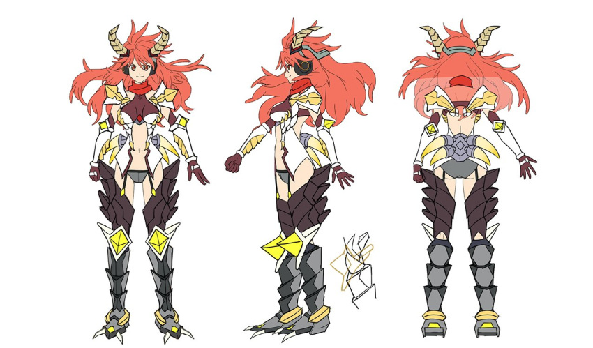 alternate_costume amou_kanade armor armored_boots artist_request ass bikini_armor boots breasts brown_gloves character_sheet clawed_boots commentary_request dragon_girl dragon_horns elbow_gloves fake_horns from_behind from_side gauntlets gloves grey_bikini_bottom grey_footwear grey_legwear halterneck horns large_breasts long_hair looking_at_viewer multiple_views navel official_art orange_eyes orange_hair profile red_scarf scarf see-through senki_zesshou_symphogear senki_zesshou_symphogear_xd_unlimited shoulder_armor simple_background smile spiked_boots standing symphogear_pendant thigh_boots thighhighs white_background white_bikini_top