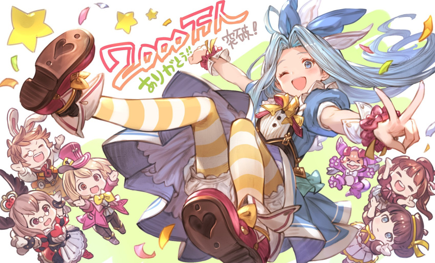 5girls ;d alice_(wonderland) alice_(wonderland)_(cosplay) alice_in_wonderland animal_ears blonde_hair bloomers blue_eyes blue_hair bow brown_eyes brown_hair cheshire_cat cheshire_cat_(cosplay) chibi claudia_(granblue_fantasy) confetti constance_(granblue_fantasy) cosplay costume crown djeeta_(granblue_fantasy) dorothy_(granblue_fantasy) dragon dress erune glasses gran_(granblue_fantasy) granblue_fantasy hair_bow hat highres long_hair lyria_(granblue_fantasy) mad_hatter mad_hatter_(cosplay) minaba_hideo monocle multiple_boys multiple_girls official_art one_eye_closed open_mouth pantyhose pince-nez queen_of_hearts queen_of_hearts_(cosplay) red_footwear shoes simple_background smile star striped striped_legwear thank_you top_hat underwear v vee_(granblue_fantasy) white_background white_rabbit white_rabbit_(cosplay)