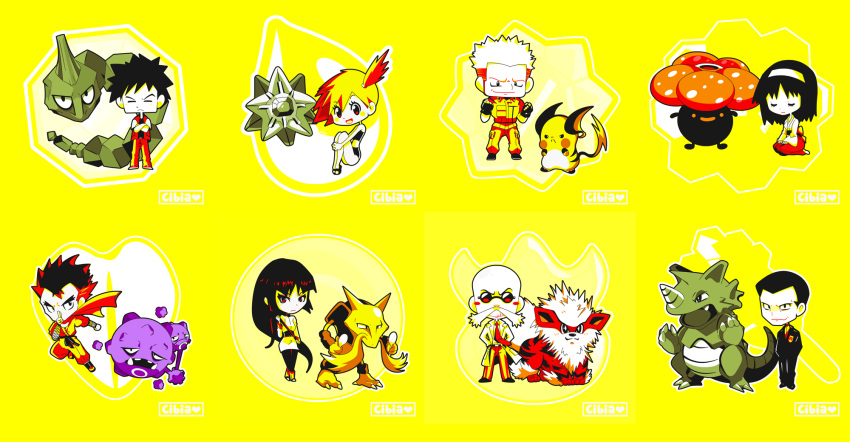 3boys 5girls alakazam arcanine badge bald bangs bikini blunt_bangs boulder_badge cascade_badge cibia closed_eyes commentary creature crossed_arms earth_badge english_commentary erika_(pokemon) facial_hair gen_1_pokemon gym_leader gym_leader_badge highres holding holding_spoon japanese_clothes kasumi_(pokemon) katsura_(pokemon) kimono kyou_(pokemon) long_hair long_sleeves marsh_badge matis_(pokemon) medium_hair multiple_boys multiple_girls mustache natsume_(pokemon) onix pokemon pokemon_(creature) pokemon_(game) pokemon_frlg ponytail raichu rainbow_badge rhydon sakaki_(pokemon) seiza signature simple_background sitting soul_badge spiked_hair spoon standing starmie sunglasses swimsuit takeshi_(pokemon) thunder_badge tied_hair vileplume volcano_badge weezing yellow yellow_background