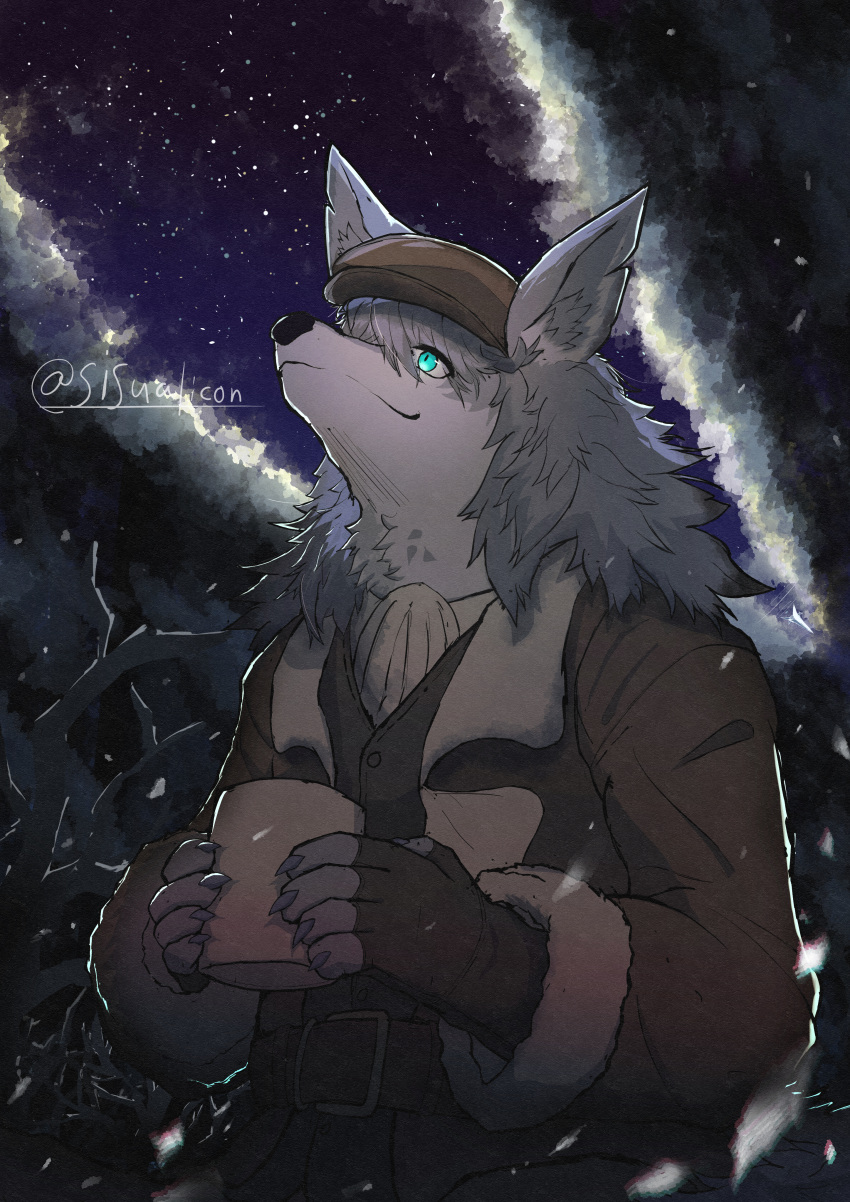 1boy absurdres animal_ear_fluff animal_ears artist_name bare_tree beret brown_jacket claws closed_mouth commentary_request cup fate/grand_order fate_(series) fingerless_gloves fur-trimmed_jacket fur_trim furry furry_male gloves grey_fur grey_hair hat highres holding holding_cup jacket leather_belt long_hair looking_up male_focus night night_sky patxi_(fate) sisualicon sky smile snow star_(sky) starry_sky tree twitter_username wolf_boy wolf_ears