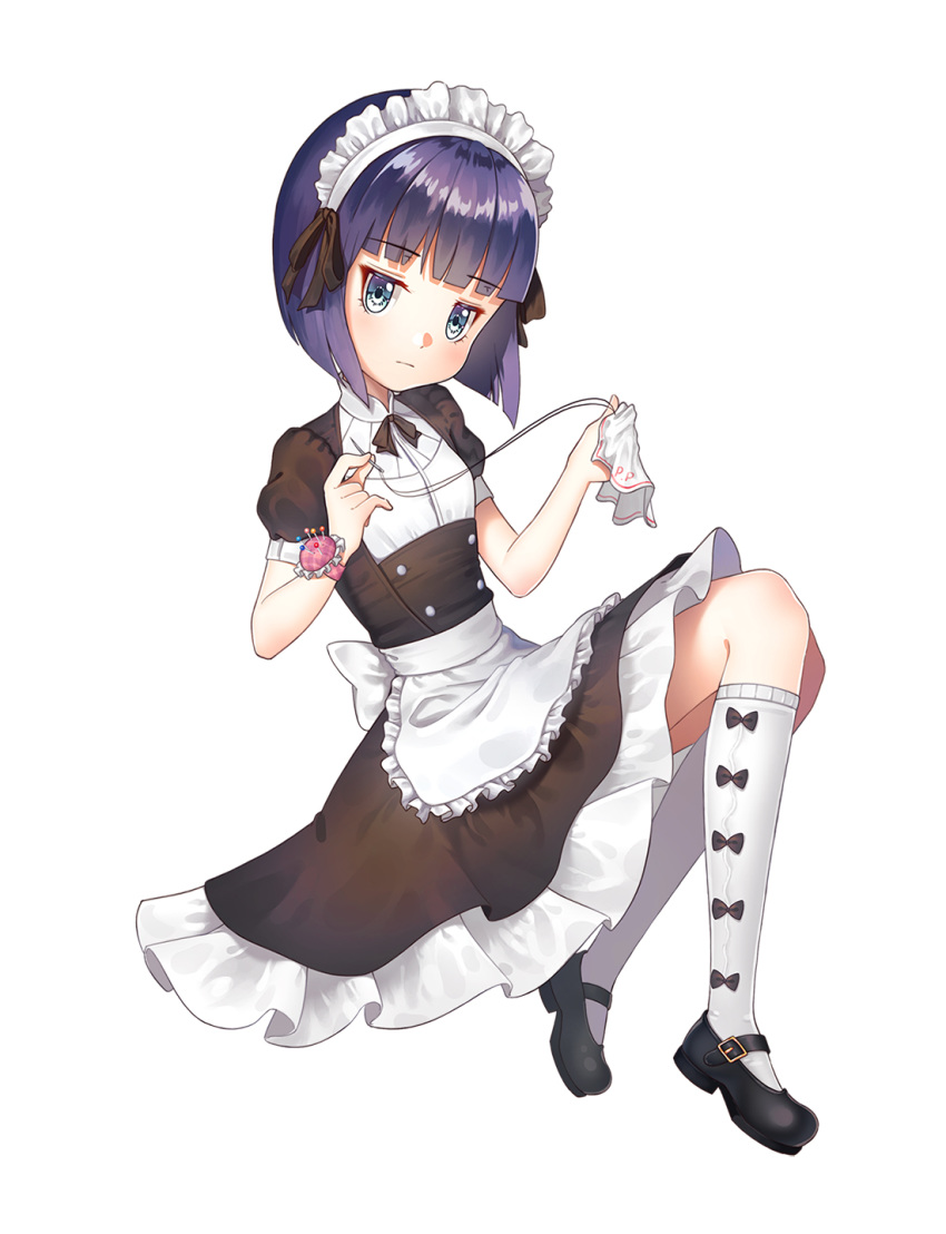 apron bangs black_footwear black_neckwear blue_eyes blue_hair blunt_bangs bob_cut bow_legwear commentary_request double-breasted dress eyebrows_visible_through_hair frilled_apron frilled_dress frills hair_ribbon handkerchief highres kneehighs light_frown looking_at_viewer maid maid_headdress mary_janes neck_ribbon needle original p.p_(operson_nangko) pincushion ribbon sewing sewing_needle shoes short_hair short_sleeves simple_background solo waist_apron white_apron white_background white_legwear wristband