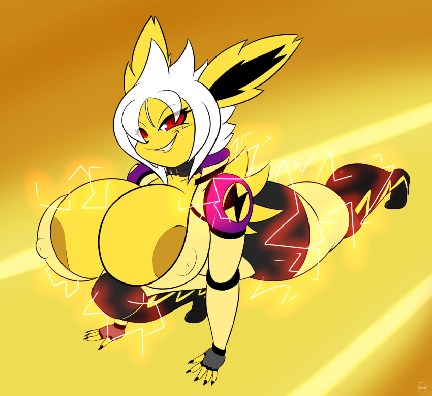 anthro areola_slip big_breasts big_smile breasts clothing collar eeveelution electricity female fingerless_gloves gloves hair huge_breasts huge_thighs jolteon kirbot12 looking_at_viewer nintendo nipple_bulge pok&eacute;ball pok&eacute;mon pok&eacute;mon_(species) red_eyes sharp_nails smile thick_thighs video_games visible_nipples white_hair