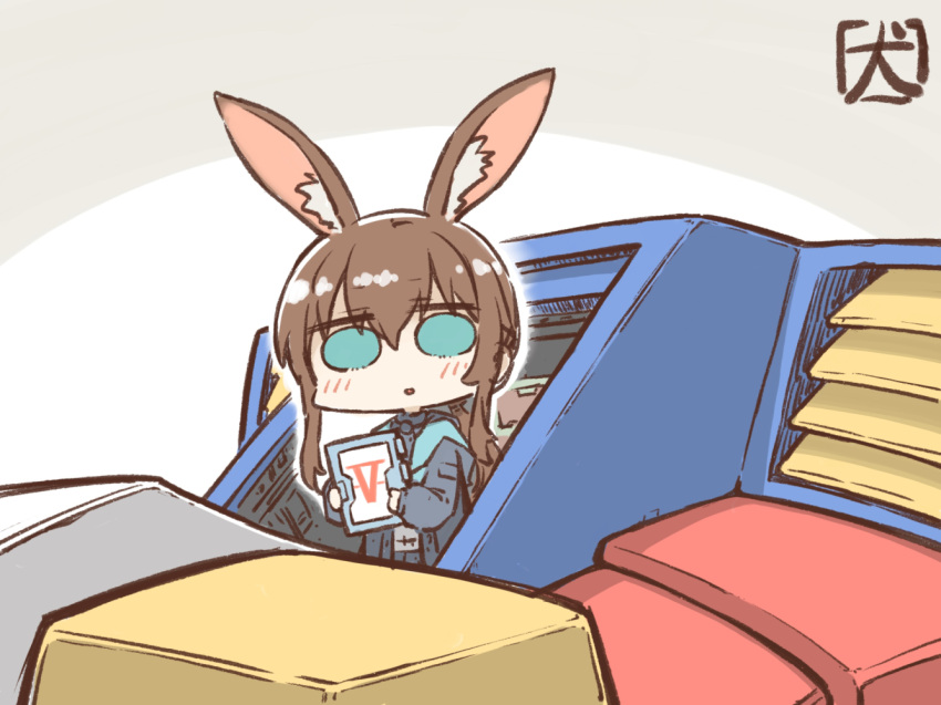 1girl akanotanin13 amiya_(arknights) animal_ears arknights black_jacket blue_collar blush_stickers brown_hair collar commentary_request gundam hood hooded_jacket jacket kurosawa_tomoyo mecha mobile_suit mobile_suit_gundam rabbit_ears rabbit_girl robot rx-78-2 voice_actor_connection