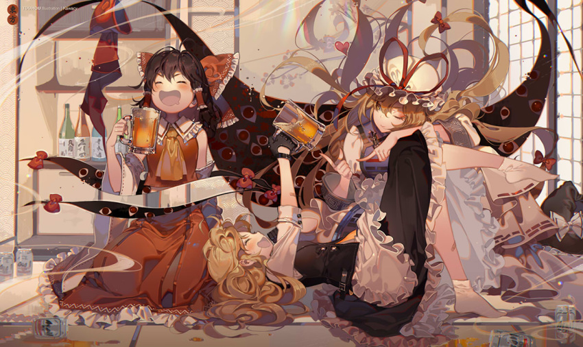 ;) alcohol apron artist_name asahi_breweries ascot beer beer_can black_gloves black_hair black_hat black_skirt blonde_hair bottle bow can closed_eyes commentary_request copyright_name cup detached_sleeves dress drinking_glass drunk eyes gap gloves hair_bow hair_tubes hakurei_reimu hat hat_bow hat_removed hat_ribbon headwear_removed heart holding index_finger_raised indoors kawacy kirisame_marisa long_hair lying mob_cap multiple_girls on_back one_eye_closed open_mouth red_bow red_ribbon red_skirt ribbon ribbon-trimmed_sleeves ribbon_trim sitting skirt skirt_set smile socks spill tabard touhou vest white_bow white_dress white_hat white_legwear witch_hat yakumo_yukari yellow_neckwear