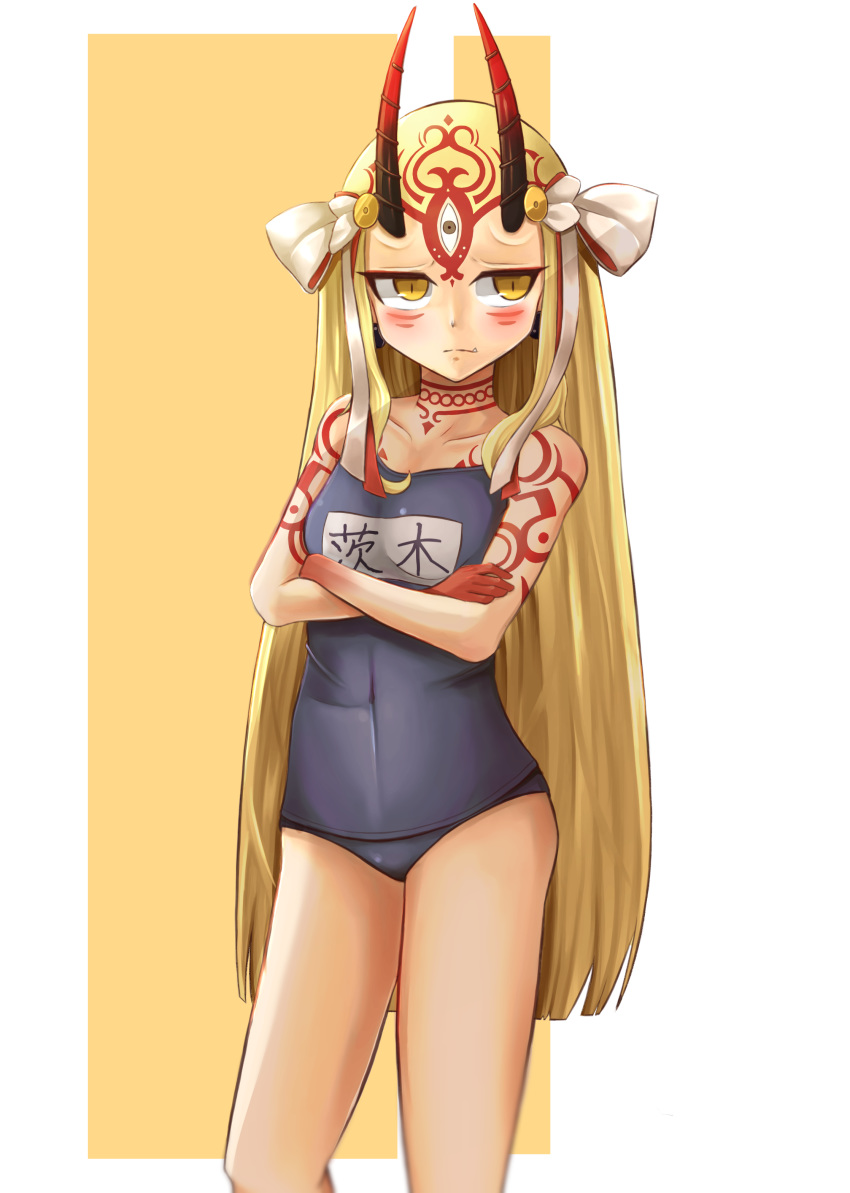 1girl blonde_hair blush crossed_arms fate/grand_order fate_(series) horns ibaraki_douji_(fate/grand_order) legs long_hair looking_away monster_girl one-piece_swimsuit oni swimsuit tattoo thighs