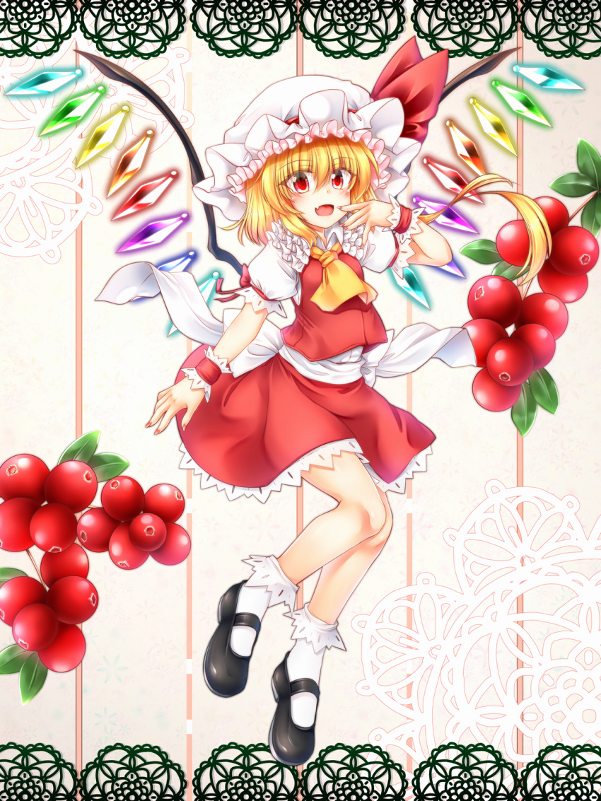 :d ascot bangs black_footwear blonde_hair collared_shirt commentary_request cranberry eyebrows_visible_through_hair eyes_visible_through_hair fang finger_to_mouth fingernails flandre_scarlet frilled_hat frilled_legwear frilled_shirt frilled_skirt frilled_sleeves frills full_body gem hair_between_eyes hat hat_ribbon highres knees_together_feet_apart leaf long_fingernails looking_at_viewer m9kndi mary_janes medium_hair mob_cap nail_polish open_mouth pink_background puffy_short_sleeves puffy_sleeves red_eyes red_nails red_ribbon red_skirt red_vest ribbon ribbon-trimmed_sleeves ribbon_trim sash shirt shoes short_sleeves skirt smile socks solo striped striped_background tongue touhou vertical_stripes vest white_hat white_legwear white_shirt wings yellow_neckwear