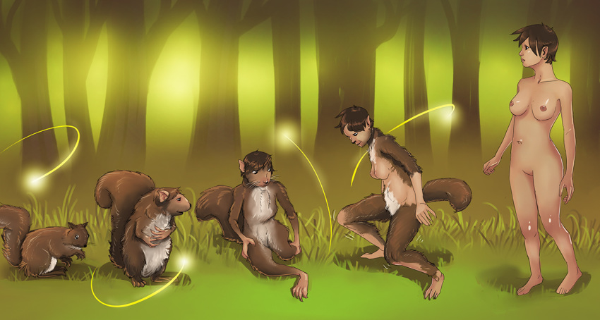 2013 breasts brown_hair caphca detailed_background featureless_crotch female feral feral_to_human forest hair human mammal navel nipples nude rodent sequence short_hair smile solo squirrel standing transformation tree