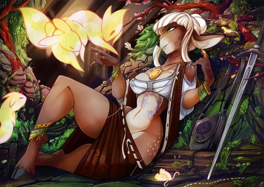 ambiguous_species anthro breasts cervine clothed clothing deer detailed_background female feral forest handbag hooves jewelry mammal melee_weapon mouse necklace rodent smile solo_focus spirale sword thick_thighs tree weapon wide_hips