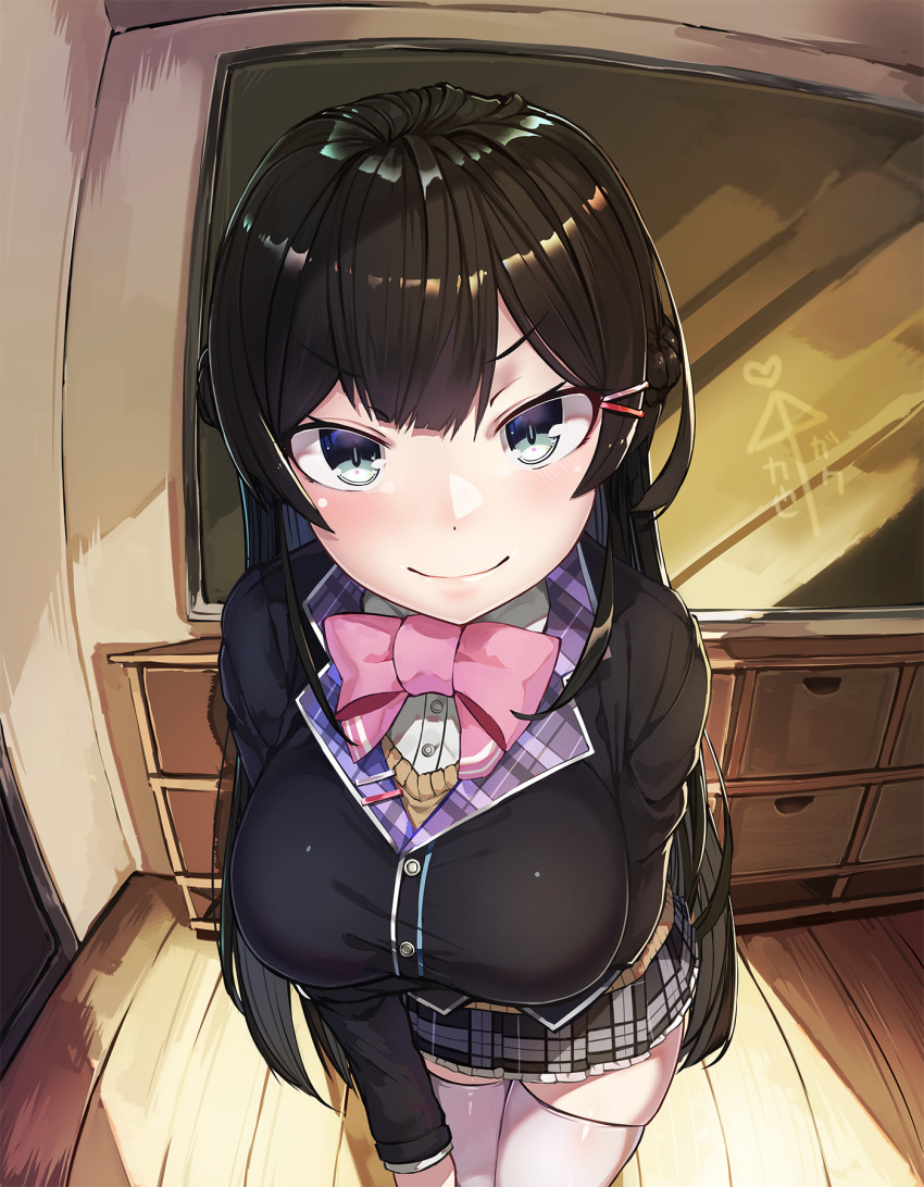 ai_ai_gasa arm_under_breasts bangs black_hair blue_eyes bow bowtie braid breast_hold breasts buttons chalkboard classroom closed_mouth commentary eyebrows_visible_through_hair fisheye french_braid frilled_skirt frills hair_ornament hairclip half_updo heart highres indoors jacket large_breasts leaning_forward long_hair long_sleeves looking_at_viewer natori_youkai nijisanji pink_neckwear plaid plaid_skirt school_uniform skirt smile solo standing thighhighs tsukino_mito v-shaped_eyebrows virtual_youtuber white_legwear wooden_floor