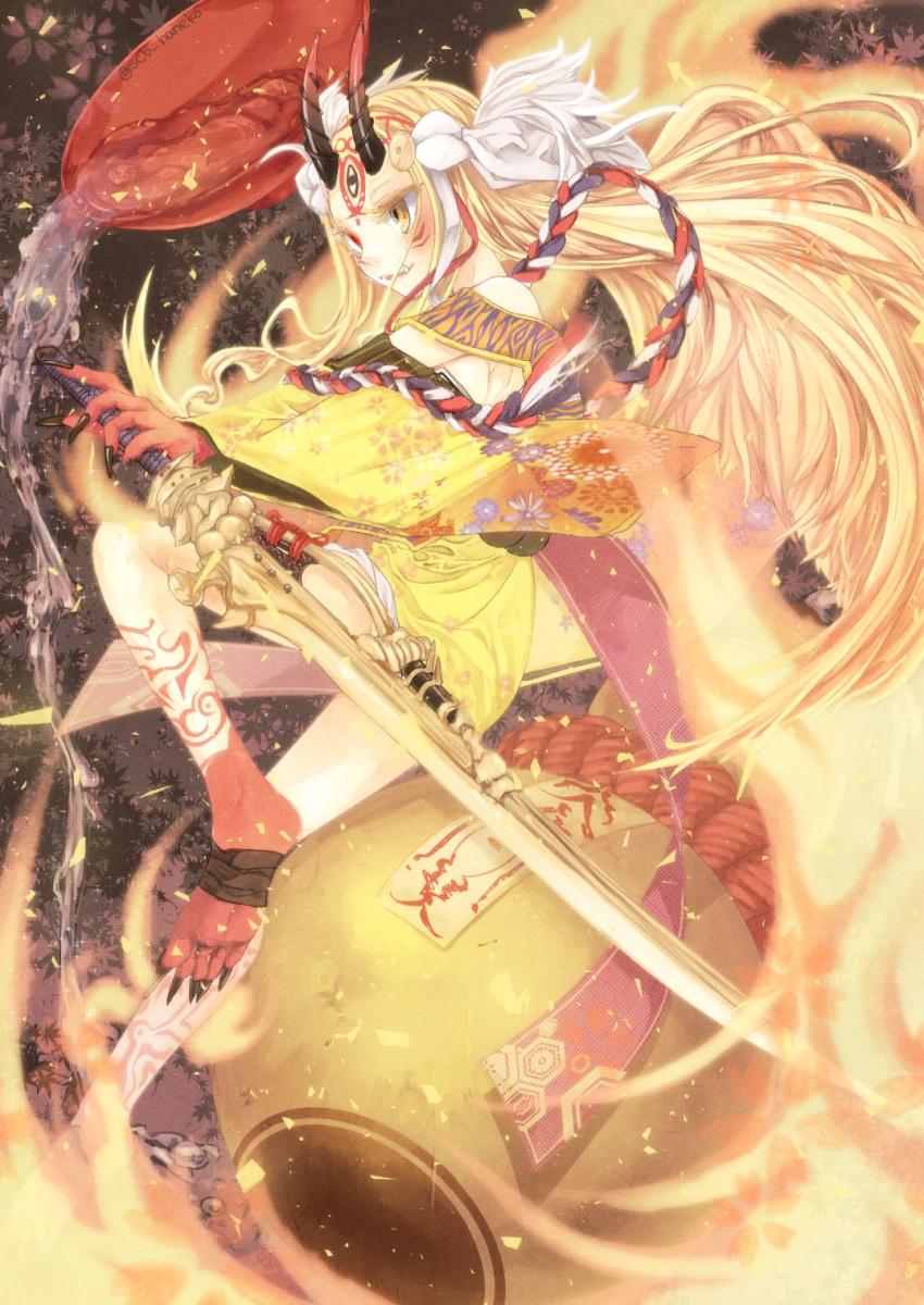 1girl bare_shoulders blonde_hair claws fate/grand_order fate_(series) female fire floral_print highres holding_sword holding_weapon horns ibaraki_douji_(fate/grand_order) kimono long_hair off_shoulder oni oni_horns short_kimono solo standing suguru1006 sword wafuku weapon wide_sleeves yellow_eyes yellow_kimono