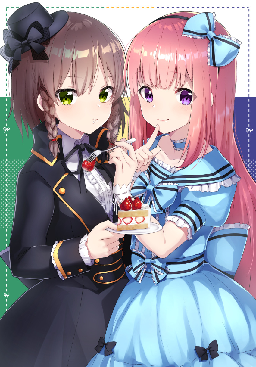 1girl bad_id bad_pixiv_id bangs black_bow black_dress black_hat black_neckwear blue_bow blue_dress blue_neckwear bow bowtie braid brown_hair center_frills commentary_request dress finger_to_mouth food food_on_face fork frills fruit gothic_lolita green_eyes hair_bow hair_tie hairband hat hat_bow highres holding holding_plate ichiren_namiro index_finger_raised lolita_fashion long_hair long_sleeves looking_at_viewer neck_ribbon original otoko_no_ko pink_hair plate purple_eyes ribbon ribbon_trim sash short_sleeves side_braid smile strawberry strawberry_shortcake sweet_lolita wrist_cuffs