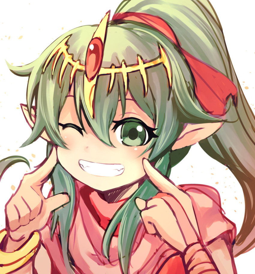 blush chiki circlet dress fire_emblem fire_emblem:_monshou_no_nazo fire_emblem_heroes green_eyes green_hair hair_ornament highres long_hair mamkute nakabayashi_zun one_eye_closed pointy_ears ponytail solo tiara