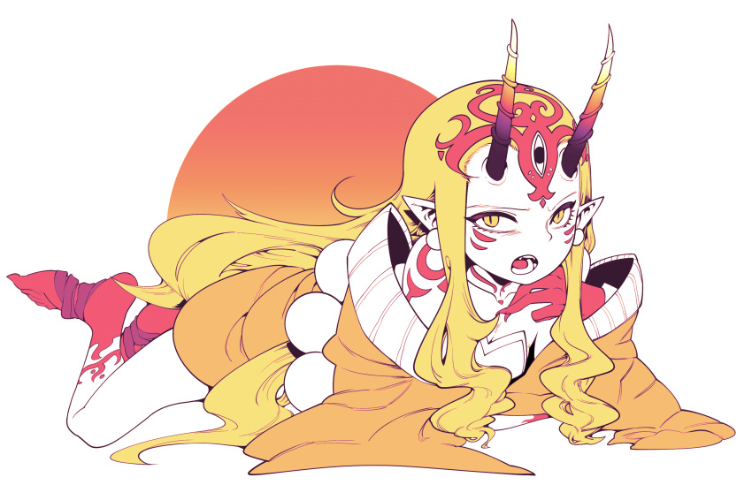 1girl bare_shoulders blonde_hair claws earrings fate/grand_order fate_(series) feet female highres horns ibaraki_douji_(fate/grand_order) jewelry kimono long_hair looking_at_viewer lying off_shoulder oni oni_horns open_mouth pixiv_id_4377717 pointy_ears rlaehdgus567 short_kimono simple_background solo wafuku wide_sleeves yellow_eyes yellow_kimono