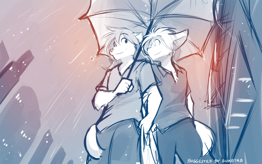 16:10 anthro bag basitin building canine chest_tuft city clothed clothing duo female fur hi_res holding_object keidran keith_keiser male mammal monochrome natani outside raining romantic_couple sketch smile tail_coil tom_fischbach tuft twokinds umbrella webcomic window wolf