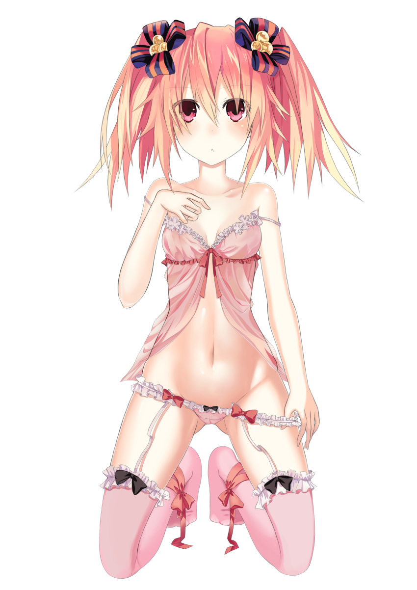 absurdres alyn_(fairy_fencer_f) bare_shoulders black_bow bow breasts cleavage collarbone eyebrows_visible_through_hair fairy_fencer_f garter_belt hair_bow highres kneeling looking_at_viewer luoxin_(kndoffice903) medium_breasts navel pink_eyes pink_legwear red_hair short_hair short_twintails solo thighhighs twintails