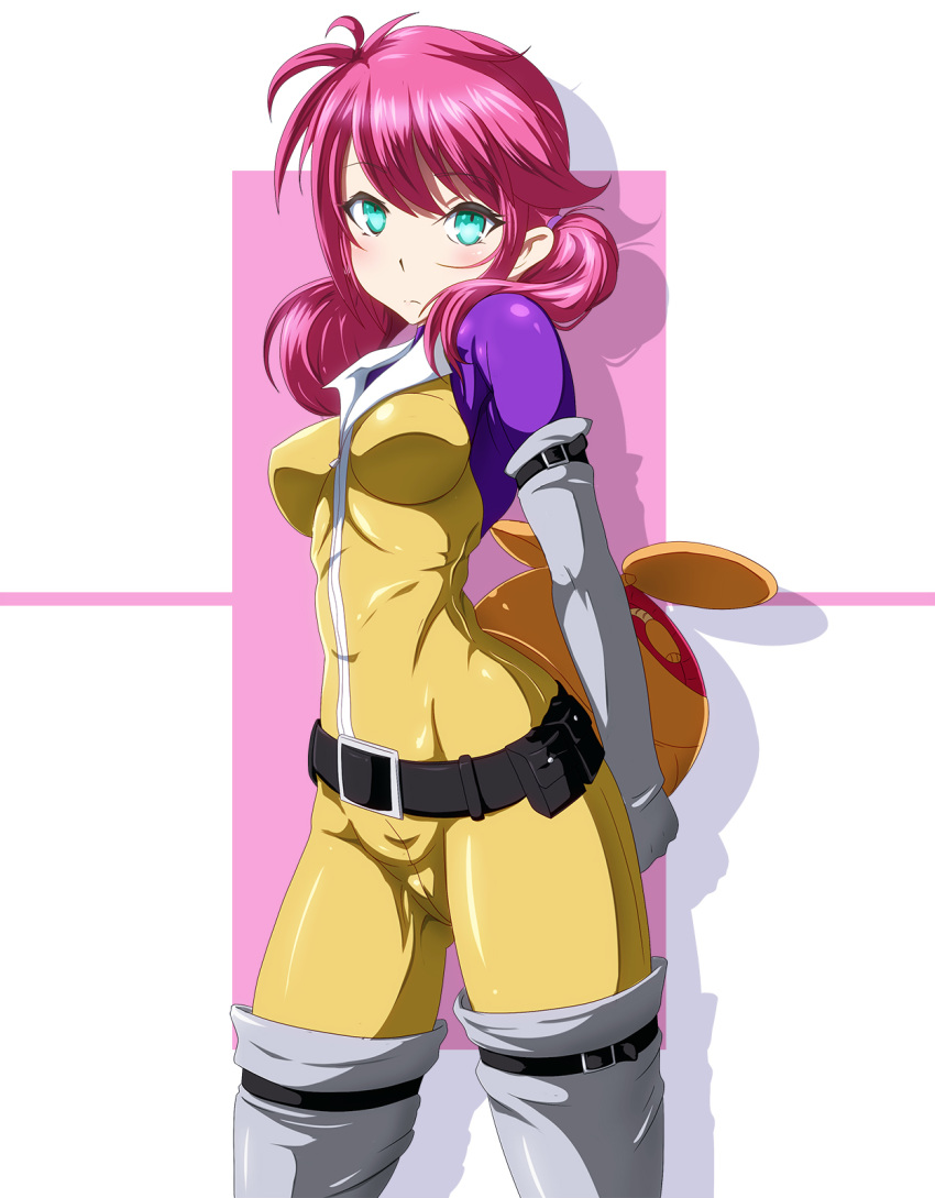 aqua_eyes arms_behind_back belt bodysuit breasts breasts_apart closed_mouth commentary_request danpu elbow_gloves eyebrows_visible_through_hair feldt_grace gloves gundam gundam_00 haro highres impossible_clothes long_hair looking_at_viewer medium_breasts pink_hair shiny shiny_clothes shiny_hair shiny_skin skin_tight solo standing thighhighs twintails white_gloves white_legwear yellow_bodysuit