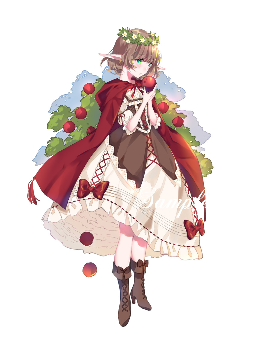 absurdres apple apple_tree bangs bob_cut boots bow brown_footwear brown_hair cape cross-laced_clothes dress food frilled_dress frilled_sleeves frills fruit full_body green_eyes head_wreath highres holding holding_food holding_fruit imminent_bite lolita_fashion original pointy_ears red_bow red_cape ribbon-trimmed_dress sample short_hair solo standing tassel tree white_background yuzhi