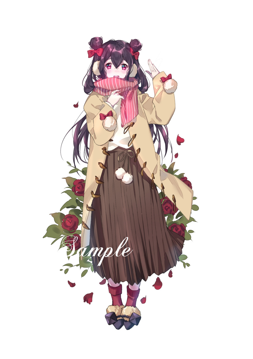 :d absurdres beige_coat black_hair black_skirt bow double_bun duffel_coat flower full_body fur-trimmed_footwear hair_between_eyes hair_bow hand_up highres long_hair long_skirt open_mouth original petals pink_scarf pleated_skirt pom_pom_(clothes) purple_eyes red_bow red_flower red_legwear sample scarf skirt smile socks solo striped striped_scarf waving white_background yuzhi